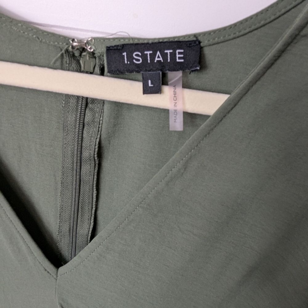1. State Olive V-Neck Puff Short Sleeve Fit &Flare Dress L - Picture 4 of 12